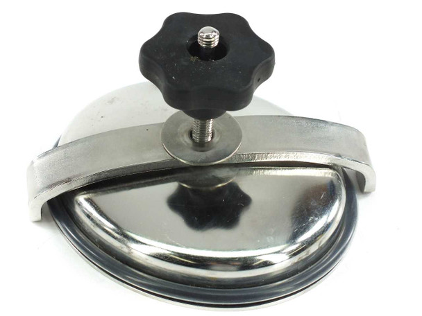 Apache Stainless 90-2304 pressure vessel lid underside showing clamp ring, center knob, and lid seal surface