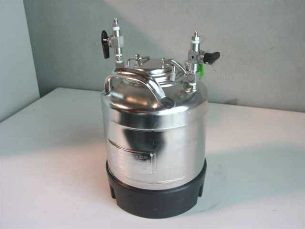 Alloy Products Corp stainless steel pressure vessel – three-quarter view showing polished body, top fittings with valve handles, and black rubber base