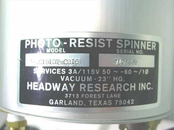 Headway Research CB15 rating plate — Model 1-EC101DT-CB15, 3A/115V 50-60Hz single phase, Vacuum 23 HG, Headway Research Inc. Garland Texas