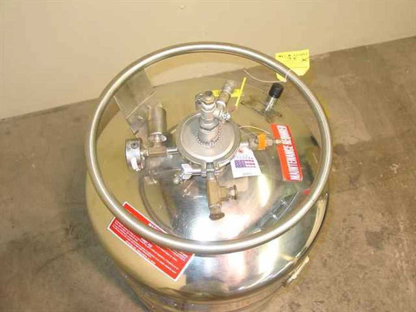 Cryofab CMSH-60 liquid helium dewar — top-down view showing valve assembly, fill/vent ports, and Maintenance Required warning tag