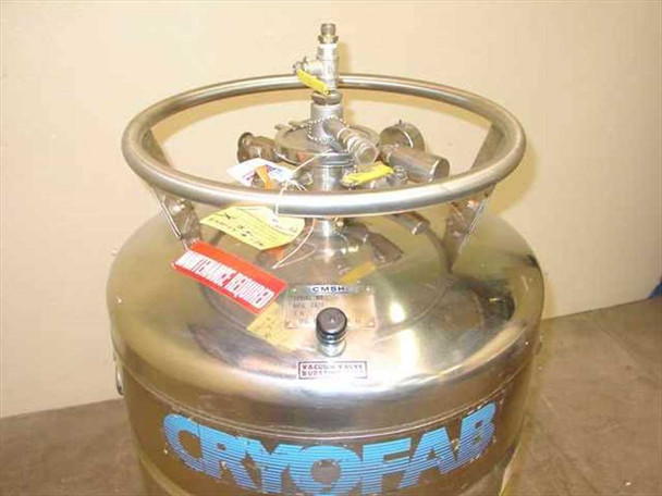 Cryofab CMSH-60 dewar — angled rear view showing CMSH-60 nameplate, Cryofab logo, valve fittings, and yellow valve handle