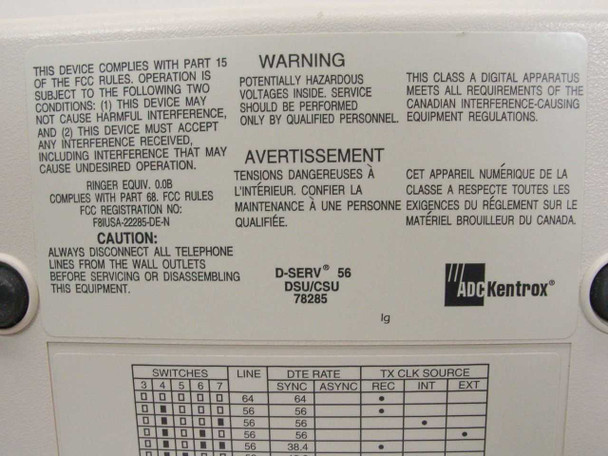 ADC Kentrox D-SERV 56 DSU/CSU 78285 — bottom label detail showing FCC registration, warnings, model designation D-SERV 56 DSU/CSU, part number 78285, and ADC Kentrox logo