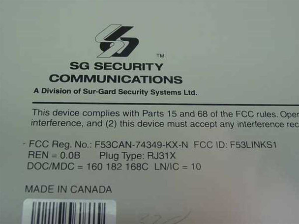 SG Security Communications Links 1000 FCC compliance label showing FCC ID F53LINKS1, REN 0.0B, RJ31X plug type, and Made in Canada marking