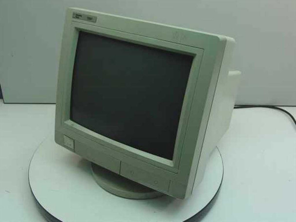 Decision Data 3597 C1014A amber CRT terminal — front 3/4 view showing tilt/swivel base, lower bezel control buttons, and Decision Data 3597 badge