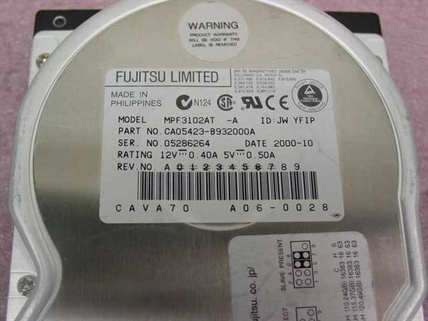 Fujitsu MPF3102AT 10.2GB IDE hard drive – bottom label showing model MPF3102AT, part number CA05423-B932000A, date 2000-10, ratings 12V 0.40A / 5V 0.50A, Made in Philippines
