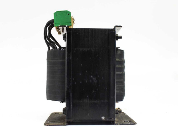 Nunome Electric NES-1000-TUV transformer – side profile view showing core depth, mounting feet, and green ground terminal block