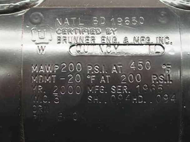 Brunner Eng. & Mfg. 0590M rating plate showing NATL BD 19650, ASME certification, MAWP 200 PSI at 450°F, MDMT -20°F at 200 PSI, Year 2000, Mfg. Ser. 1965, shell and head thickness .094