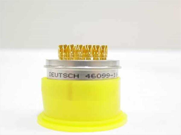 Deutsch 46099-18-32 connector — side profile with yellow protective end cap fitted over pin face and Deutsch brand label with part number visible on shell