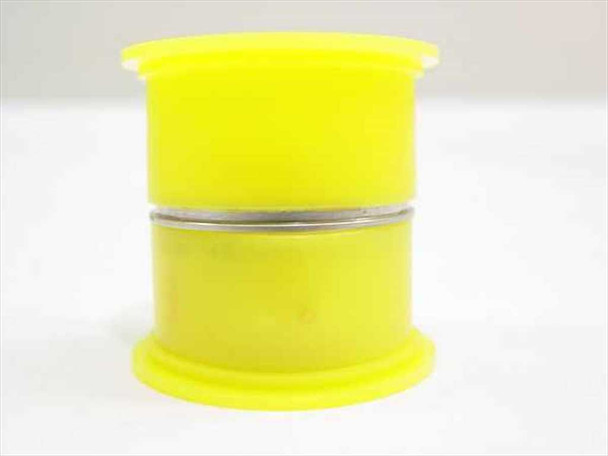 Deutsch 46099-18-32 connector — view showing both yellow plastic protective end caps assembled over connector body, fully capped for storage