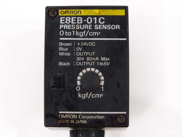 Omron E8EB-01C pressure sensor front panel label showing 0 to 1 kgf/cm2 range, wire color assignments, and Made in Japan marking