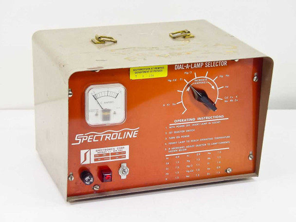 Spectronics Spectroline 1500 Lamp Tube Tester — front three-quarter view showing orange front panel, analog ammeter, Dial-A-Lamp selector knob, fuse holder, and power indicator