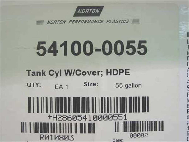Close-up of Norton Performance Plastics label showing part number 54100-0055, Tank Cyl W/Cover HDPE, 55-gallon size