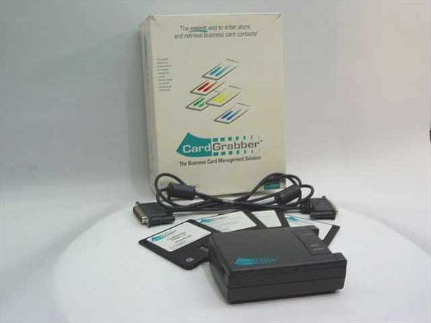 Pacific Crest Technologies PCT-5500 CardGrabber scanner shown with retail box, parallel cable, software floppy disks, and sample business cards