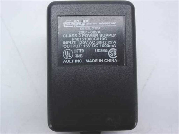 Control Module 2061-002A label showing Class 2 Power Supply, Input 120V AC 60Hz 22W, Output 15VDC 1000mA, UL and CSA marks, made by Ault Inc.
