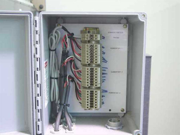 Stulz ENS-14 wall-mount switching control panel open showing terminal blocks, wiring, and humidifier zone labels