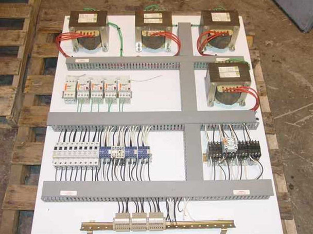 Stulz ENS-14 transformer and switching panel layout on pallet showing multiple transformers, circuit breakers, contactors, and wiring