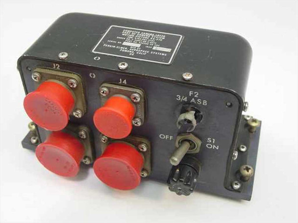 Perkin-Elmer LB13B Computer Camera 332269 – three-quarter front-left view showing four red-capped mil-spec connectors (J1–J4), F2 fuse, and S1 ON/OFF toggle switch