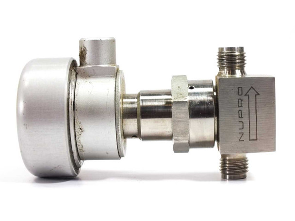 Nupro SS-4BK-91NC bellows valve — side profile view showing Nupro flow-direction arrow and 1/4" NPT port fittings