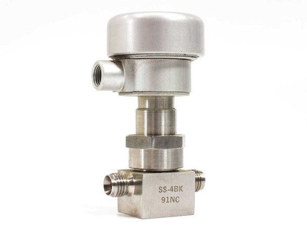 Nupro SS-4BK-91NC pneumatic actuated bellows valve — front-left angle view showing model markings SS-4BK and 91NC on valve body