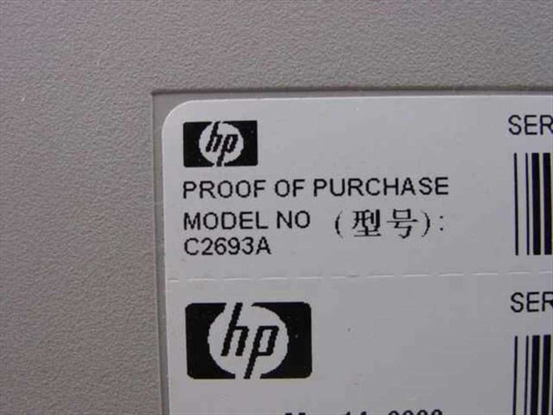 HP C2693A proof-of-purchase label showing model number C2693A and HP logo