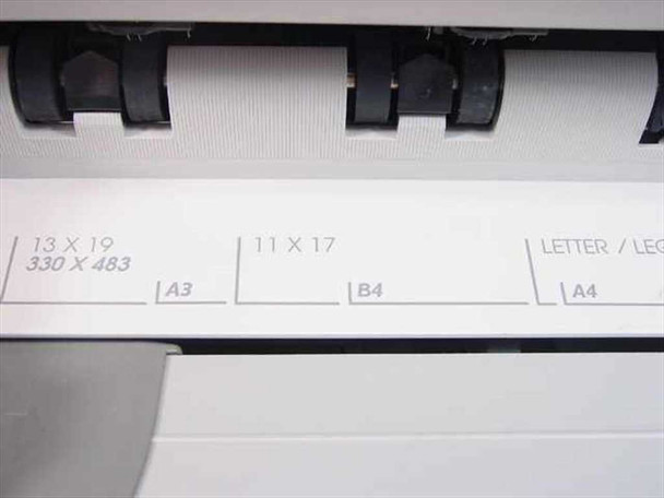 HP DeskJet 1220C paper tray interior showing size guides: 13x19/330x483 (A3), 11x17 (B4), Letter/Legal (A4)