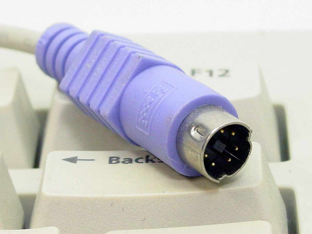 BTC 5201 PS/2 keyboard — close-up of purple Mini-DIN 6-pin PS/2 connector resting on beige keycaps near F12 and Backspace keys