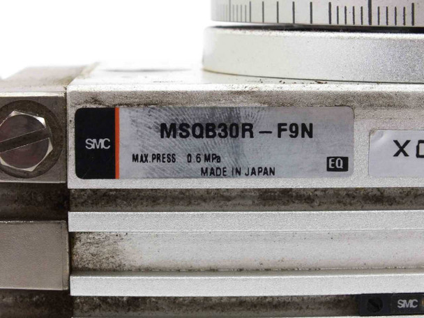 SMC MSQB30R-F9N label closeup showing model number, 0.6 MPa max pressure, and Made in Japan markings