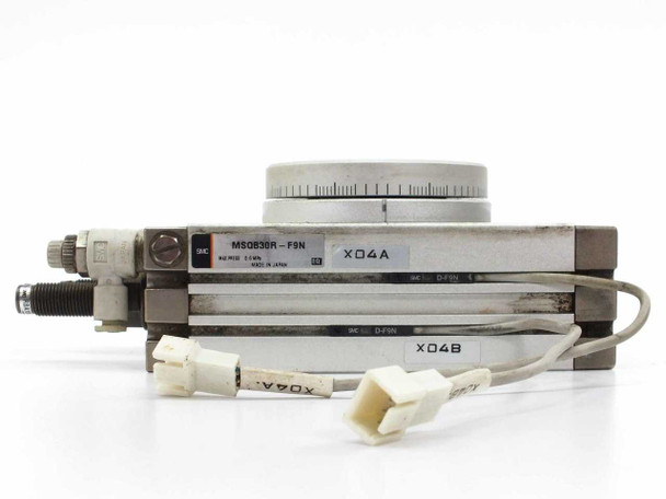 SMC MSQB30R-F9N — side profile view showing body thickness, auto switch leads, and rotary table graduation