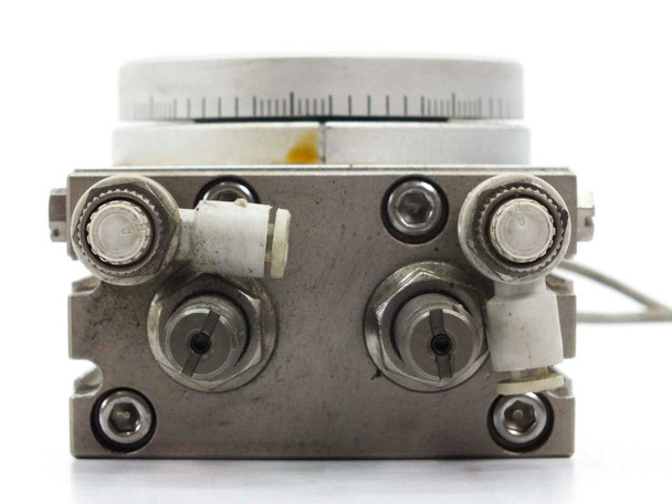 SMC MSQB30R-F9N — front port face view showing pneumatic fittings and adjustment screw detail