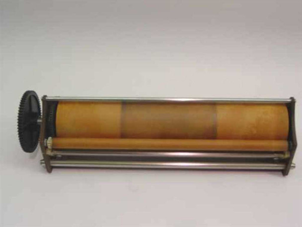 Kodak Versamat Model 11 cross-over rack — side profile view showing full length of yellow rubber transport rollers, stainless guide rails, and black drive gear on left end