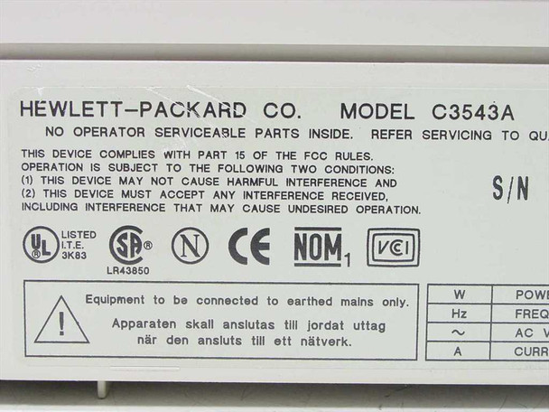 HP C3543A expansion tray label close-up showing model number and compliance certifications