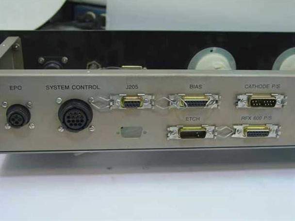 Rear panel showing EPO, System Control, J205, Bias, Cathode P/S, Etch, and RFX 600 P/S labeled DB and circular multi-pin connectors