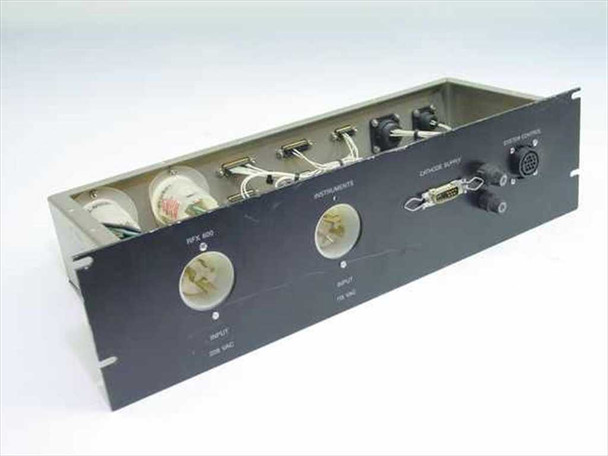 RFX 600 power distribution control panel front view showing RFX 600 208VAC and Instruments 115VAC twist-lock input receptacles with Cathode Supply and System Control sections