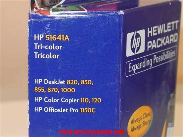 HP 51641A box side panel showing tri-color cartridge number and compatible printer models including DeskJet 820, 850, 855, 870, 1000