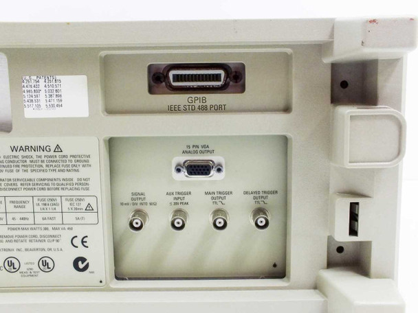 Tektronix TDS520C rear panel close-up showing GPIB IEEE-488 port and 15-pin VGA analog output connector