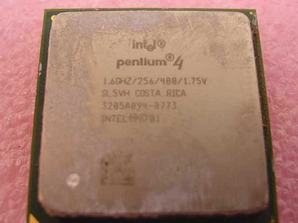 Intel Pentium 4 SL5VH 1.6GHz Socket 478 CPU — close-up of lid markings showing SL5VH, 1.6GHz/256/400/1.75V, Costa Rica origin, and lot code 3205A094-0773