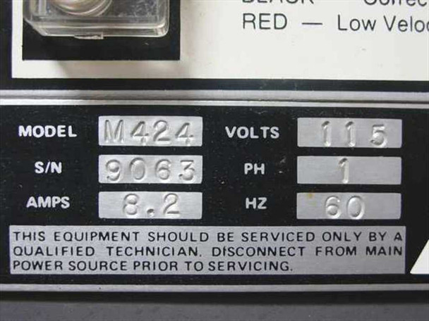 Envirco M424 rating plate closeup — Model M424, 115V, 1PH, 8.2A, 60Hz, S/N 9063