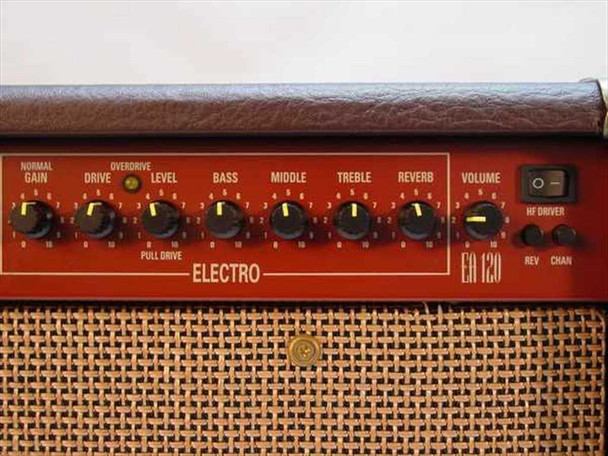 Laney EA120 Electro channel close-up — Normal/Overdrive Gain, Drive, Level, Bass, Middle, Treble, Reverb, and Volume knobs; HF Driver and Rev/Chan switches; EA120 model designation