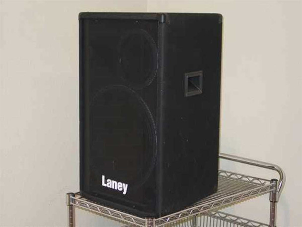 Laney CT815 PA speaker cabinet — 3/4 front-left view showing black carpet-covered enclosure with grille-covered 15" woofer and Laney logo