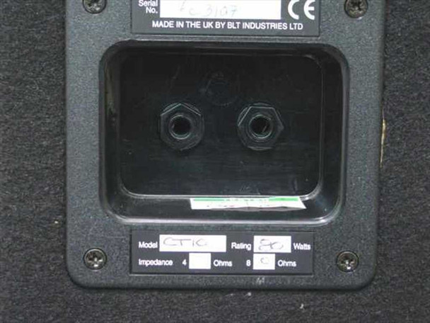Laney CT10 rear panel close-up – two 1/4" jack sockets, model label reading CT10, 80W rating, 8 ohm impedance, CE mark, Made in UK by BLT Industries Ltd