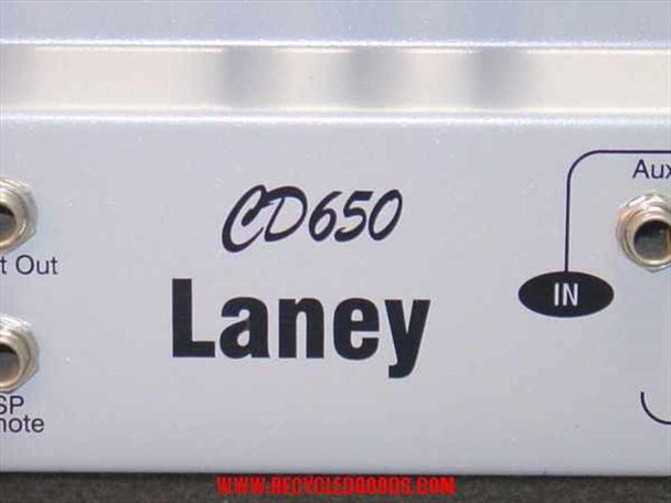 Laney CD650 side panel close-up showing model name, Aux In jack, and additional output jacks
