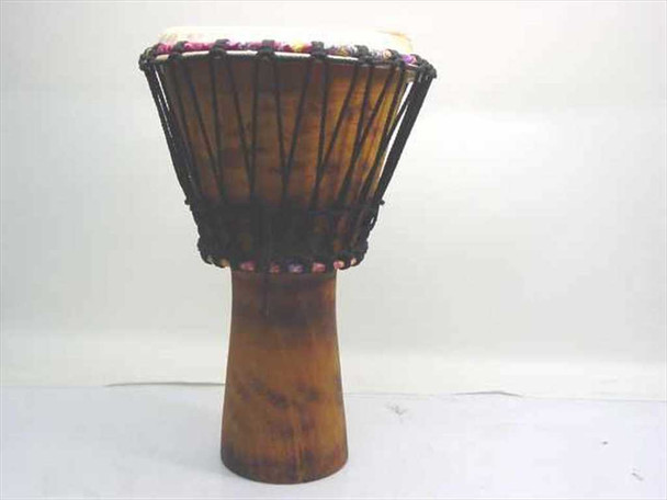 Meinl Headliner HE-DJ12 12-inch djembe — straight-on front view displaying full drum profile, colorful rope weaving at the head, and tapered rubber wood base