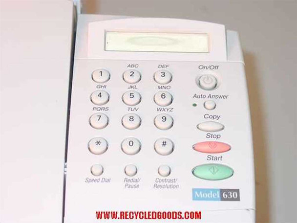 HP OfficeJet 630 control panel closeup showing numeric keypad, LCD display, and Model 630 label