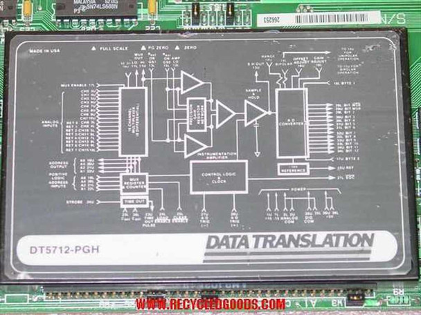 Data Translation DT5712-PGH close-up of black block diagram showing MUX, instrumentation amplifier, sample-and-hold, A/D converter, and control logic sections — Made in USA