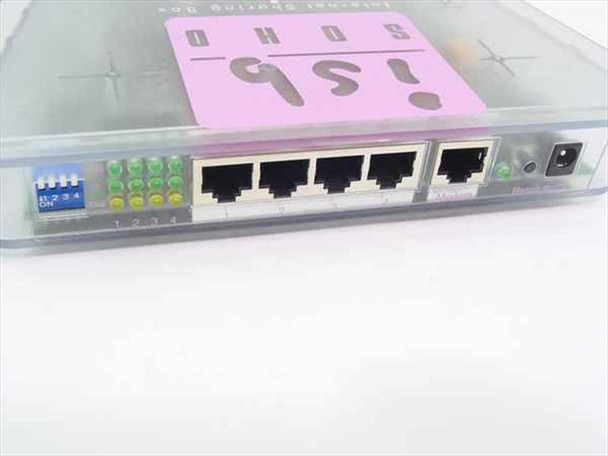 Nexland ISB SOHO router – rear port view showing 4 RJ45 LAN ports, 1 WAN RJ45 port, DIP switches, status LEDs, and DC power jack