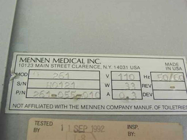 Mennen Medical Inc rating label – Model 261, P/N 261-055-010, S/N H0121, 110V 33W 0.3A 50/60Hz, Made in USA, tested 11 Sep 1992