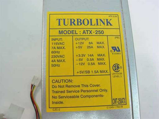 Turbolink ATX-250 CWT-250ATX rating label showing input/output voltage and current specifications