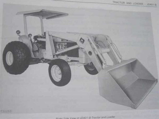John Deere JD401-B Tractor and Loader right-side view illustration from inside the PC-1430 parts catalog — compact utility tractor with front bucket loader attachment