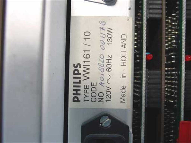 Philips VWI161/10 label closeup — Type VWI161/10, Code A018820 001178, 120V ~ 60Hz, 130W, Made in Holland
