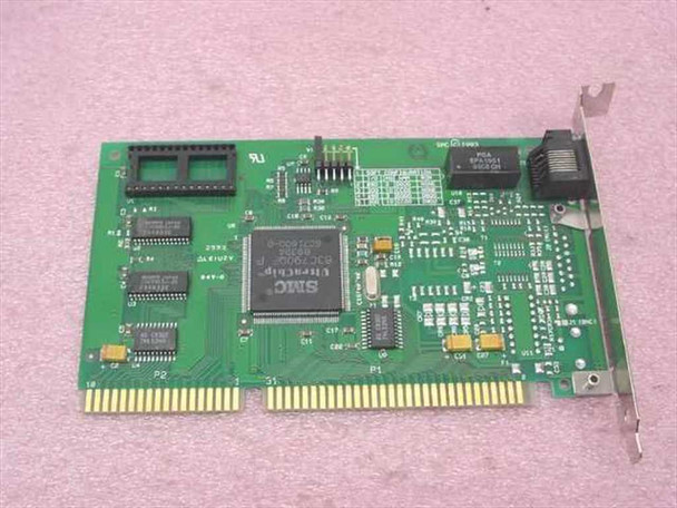 SMC 8216T EtherCard – top-down PCB view showing SMC EtherChip main controller IC, RAM chips, DIP socket, and ISA edge connector